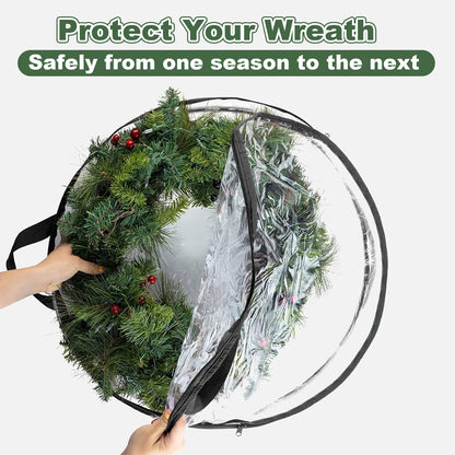 4 PCS Clear Wreath Storage Bag, 24x8 Inch Christmas Wreath Storage Container, Heavy Duty PVC Wreath Protector with Handle for Xmas Holiday Seasonal Wreath Garland (Black)
