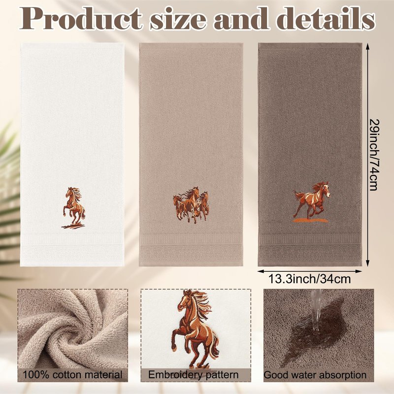 Hillsuren 3 Pcs Western Horse Hand Towels Set for Bathroom 100% Cotton Embroidered Decorative Equestrian Horse Themed Gifts Farmhouse Towels for Bathroom Kitchen Decor 13. 3 x 29. 5''