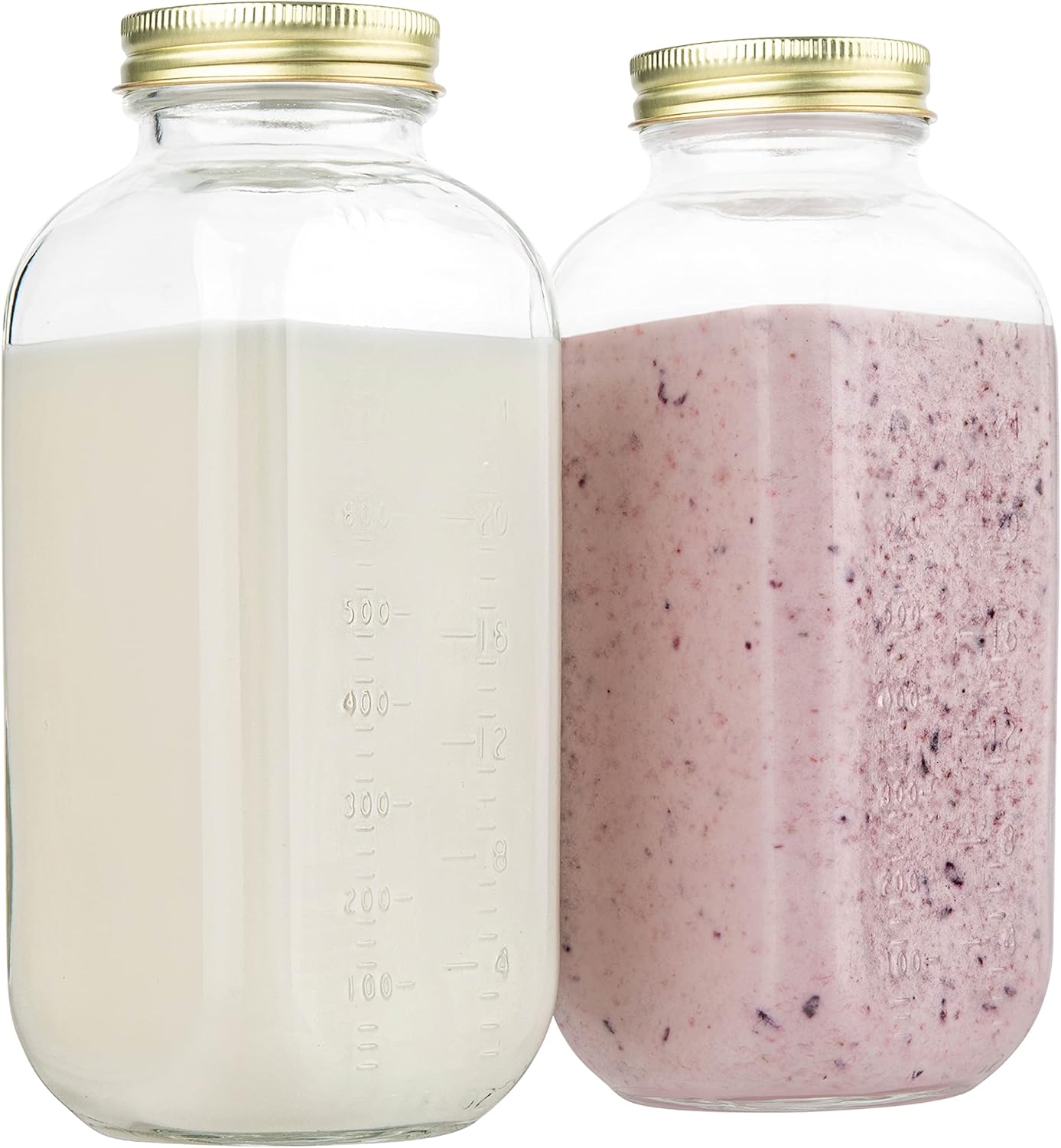 32oz Pack 2 kitchentoolz Large Glass Dairy Bottles for Milk, Yogurt, and More Containers with Measurement Markings