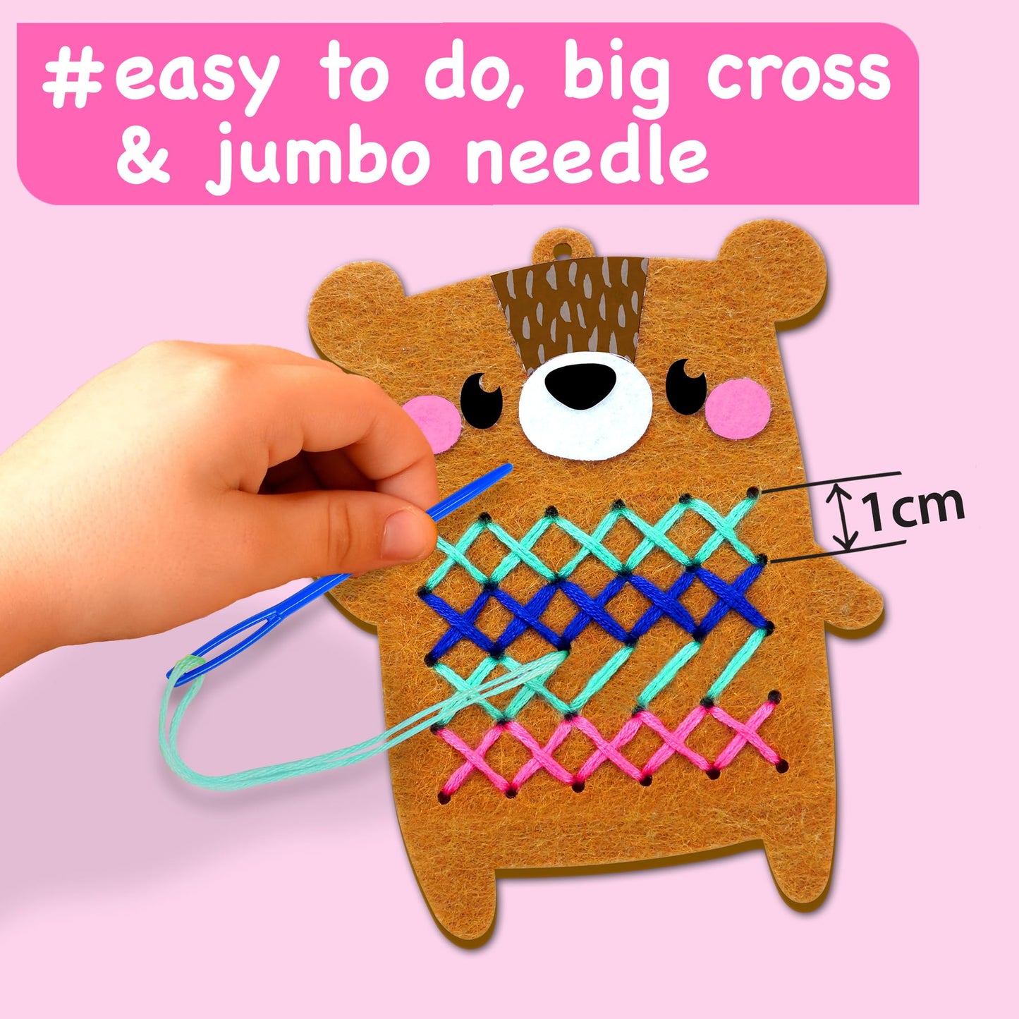 EZCRA Beginner Needlepoint Cross Stitch Kit for Kids Ages 5-8 – Easy Embroidery Starter Set with Jumbo Plastic Needles, Pre-Printed Patterns, Instructions – DIY Arts & Crafts for Girls & Boys