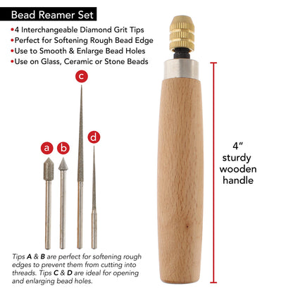 The Beadsmith Diamond Reamer Set – 4 Interchangeable Tips, Wood Handle, Storage Tube for Bits - Use on Glass, Ceramic or Stone – Tools for Opening & Enlarging Holes & Softening & Smoothing Rough Edges