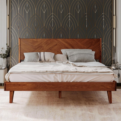 RORNS Gazelle Bed Frame with Headboard Solid Wood Platform Bed, Queen Bed Frames, Optical Illusion Tall Headboard Wood Bed Compatible with All Mattress Types, No Box Spring Needed, Walnut