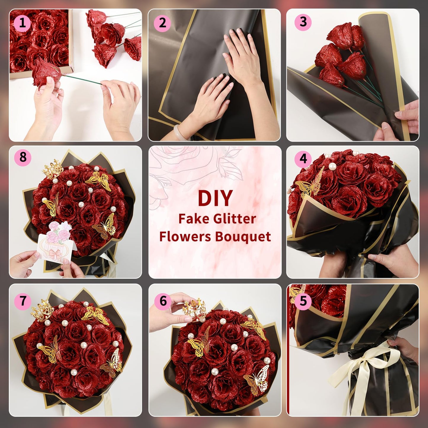 jabeick Glitter Roses Bouquet, Shiny Artificial Roses Flowers with Stems DIY Fake Glitter Flowers Bouquet for Valentines Mothers Day Graduation Birthday Anniversary, 24 Roses (Red)