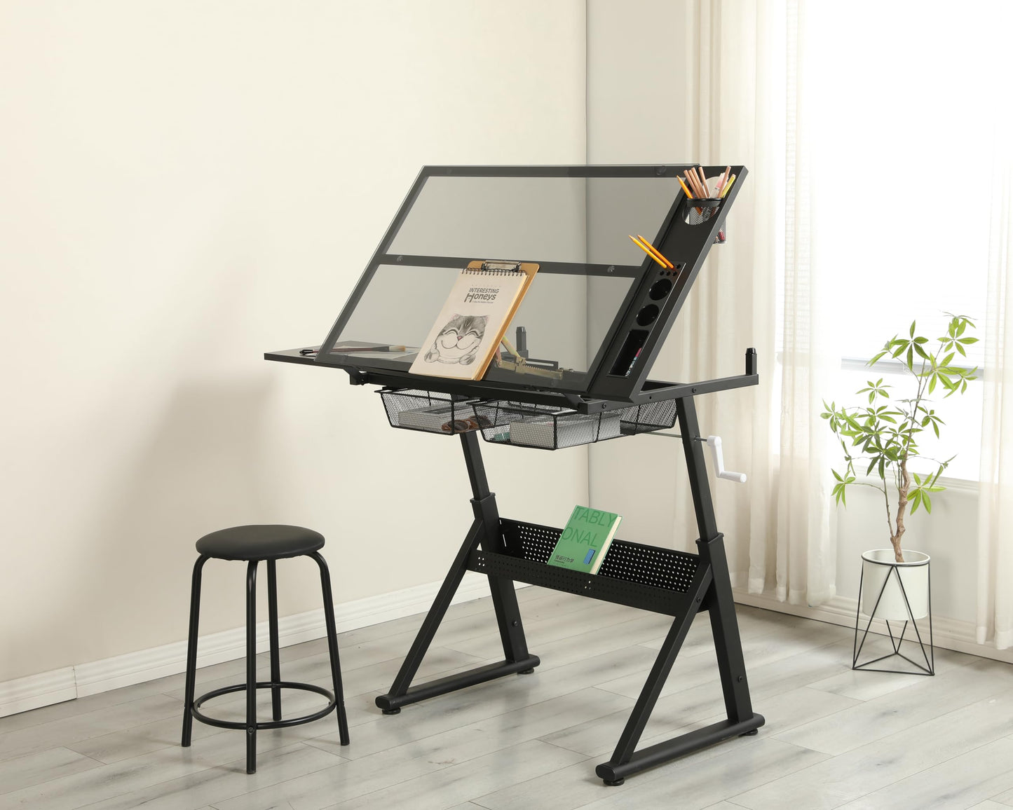Landpink Adjustable Drawing Table for Artists | Drafting Desk with Tilted Glass Top | Art & Craft Table for Adults (Black, Smart Upgrade-29.52’’- 37.8'' H)