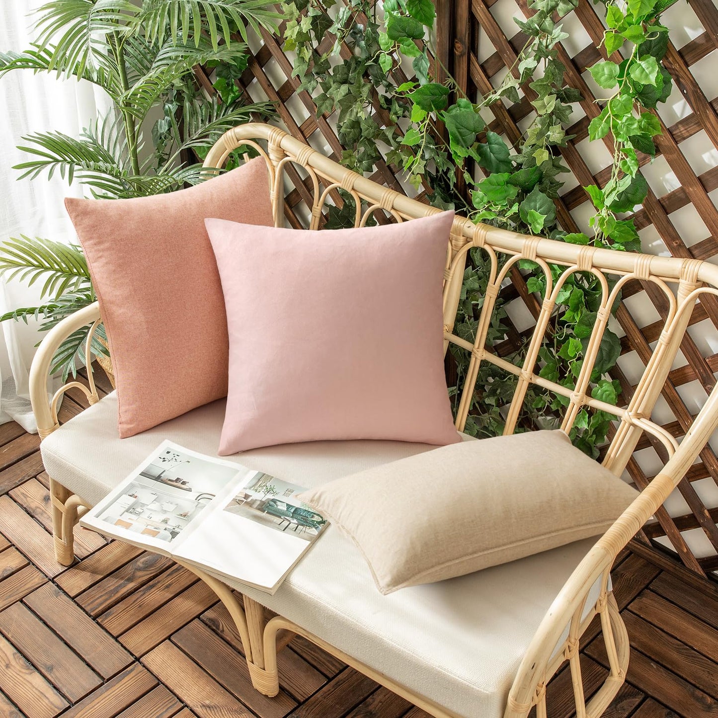 Woaboy Set of 2 Outdoor Waterproof Throw Pillow Covers Spring Valentine Decorative Farmhouse Linen Pillowcases Solid Cushion Cases for Patio Bedroom Living Room Sofa Chairs Light Pink 18x18 Inch