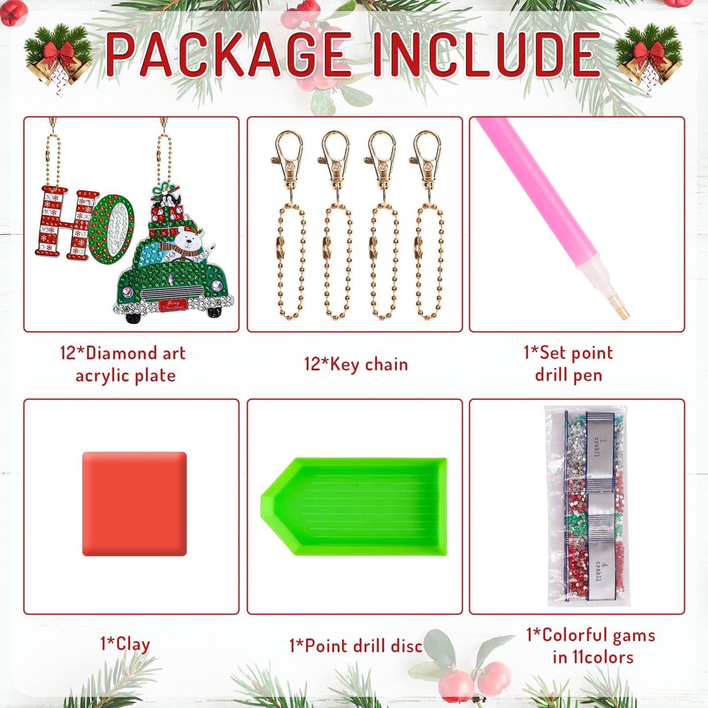 AnyDesign 12Pcs Christmas Diamond Art Keychain DIY Handmade Truck Santa Snowman Gem Painting Pendant Rhinestone Mosaic Making Full Drill Diamond Key Chain for Crafts Gift