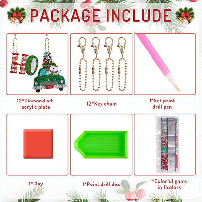 AnyDesign 12Pcs Christmas Diamond Art Keychain DIY Handmade Truck Santa Snowman Gem Painting Pendant Rhinestone Mosaic Making Full Drill Diamond Key Chain for Crafts Gift