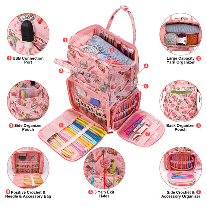 QZLKNIT Project Backpack Bag Organizer for Knitting Crochet Supplies Accessories,Yarn Storage Organizer Bag, Yarn Organizer Tote Bag, Crochet Bag with USB Charging Port