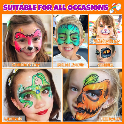 Trandpter 54 Color Face Painting Kit for Kids, Non-Toxic Face Paint Makeup Kit| with Stencil, Guide Book, Easy to Use and Washable Facepaint Makeup Kit for Halloween, Cosplay, School Event