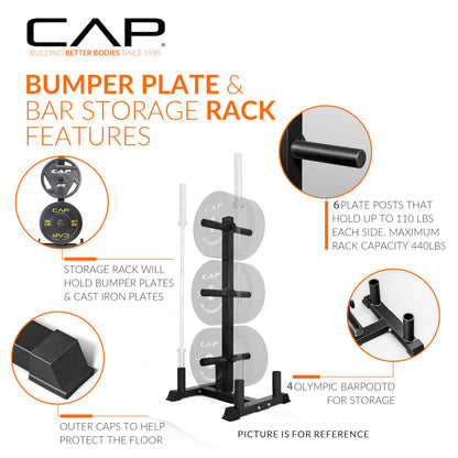 CAP Barbell 370 lb Economy Olympic Plate Set with Traditional Plate Rack & Barbell Storage | 6 Weight Posts + 4 Barbell Holders