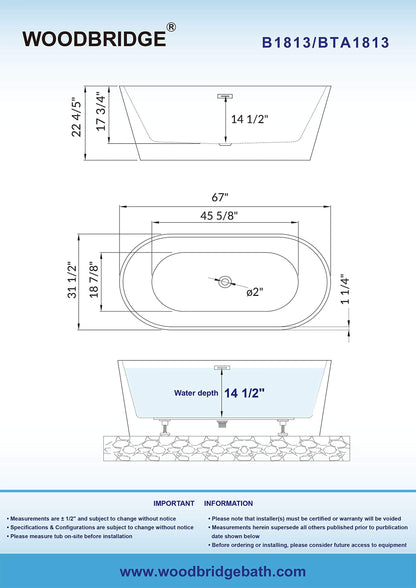 WOODBRIDGE 67" Freestanding Acylic Soaking Bathtub with White, Drain and Overflow in Matte, BTA1813-MB-Drain &O, Matte Black