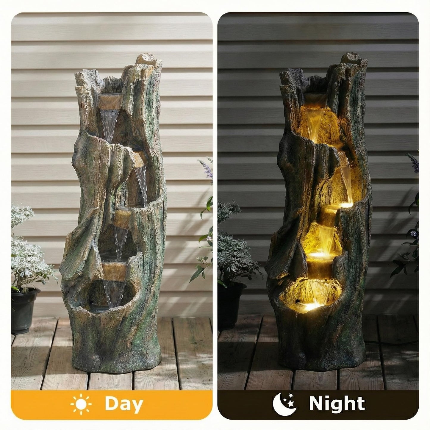 mdj pottery 39.4 Inch Tall Cascading Water Fountain Outdoor, 5-Tiered Resin Outdoor Fountain with Warm White LED Lights, Rustic Weather-Resistant Tree Trunk Waterfall for Patio Yard Garden - Grey