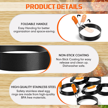 Patelai 6 Pcs Professional Egg Ring Pancake Ring Set Stainless Steel Fried Egg Molds Griddle Pancake Shapers with Orange Silicone Handle for Breakfast Omelette Sandwich(4 Inch)