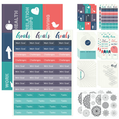 Improve Yourself Planner Stickers Set - Large Value Pack 24 Sheets Self-Improvement Sticker Pack - Goal Setting, Habit Trackers, Gratitude, Mood Tracker, Colorable Mandalas for Bullet Dotted Journals