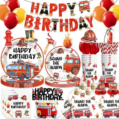 193pcs Firetruck Birthday Decorations Include Fire Truck Plates and Napkins Set, Banner, Hanging, Tablecloth, Balloon, Cupcake Topper, Centerpieces, for Firefighter Party Decorations, Serves 25