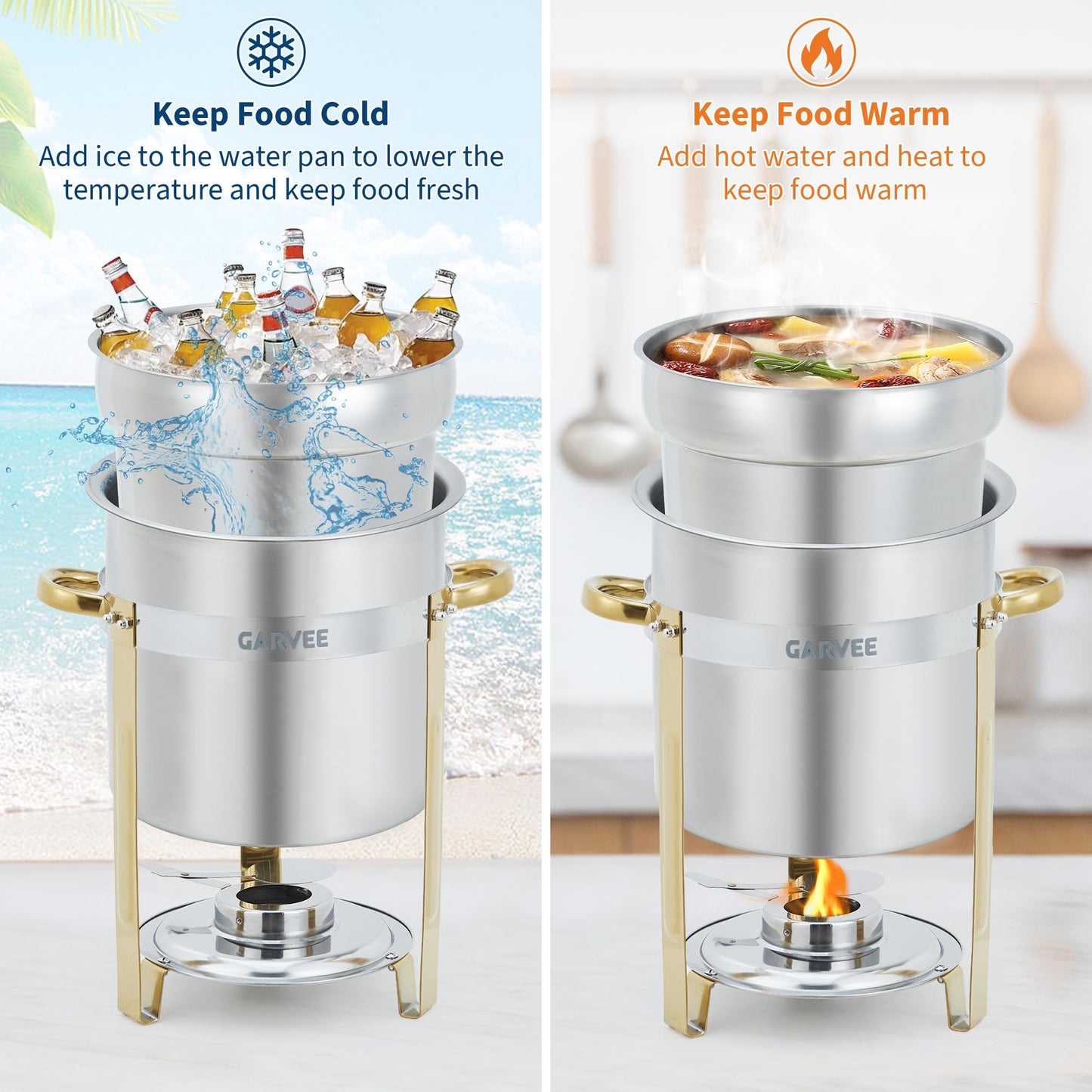 GarveeHome 11QT Round Soup Chafer Sets of 4, Commercial Soup Warmer with Pot, Notched Lids & Fuel Holders, Stainless Steel Food Warmer for Buffets Parties Wedding Banquets Catering, Gold