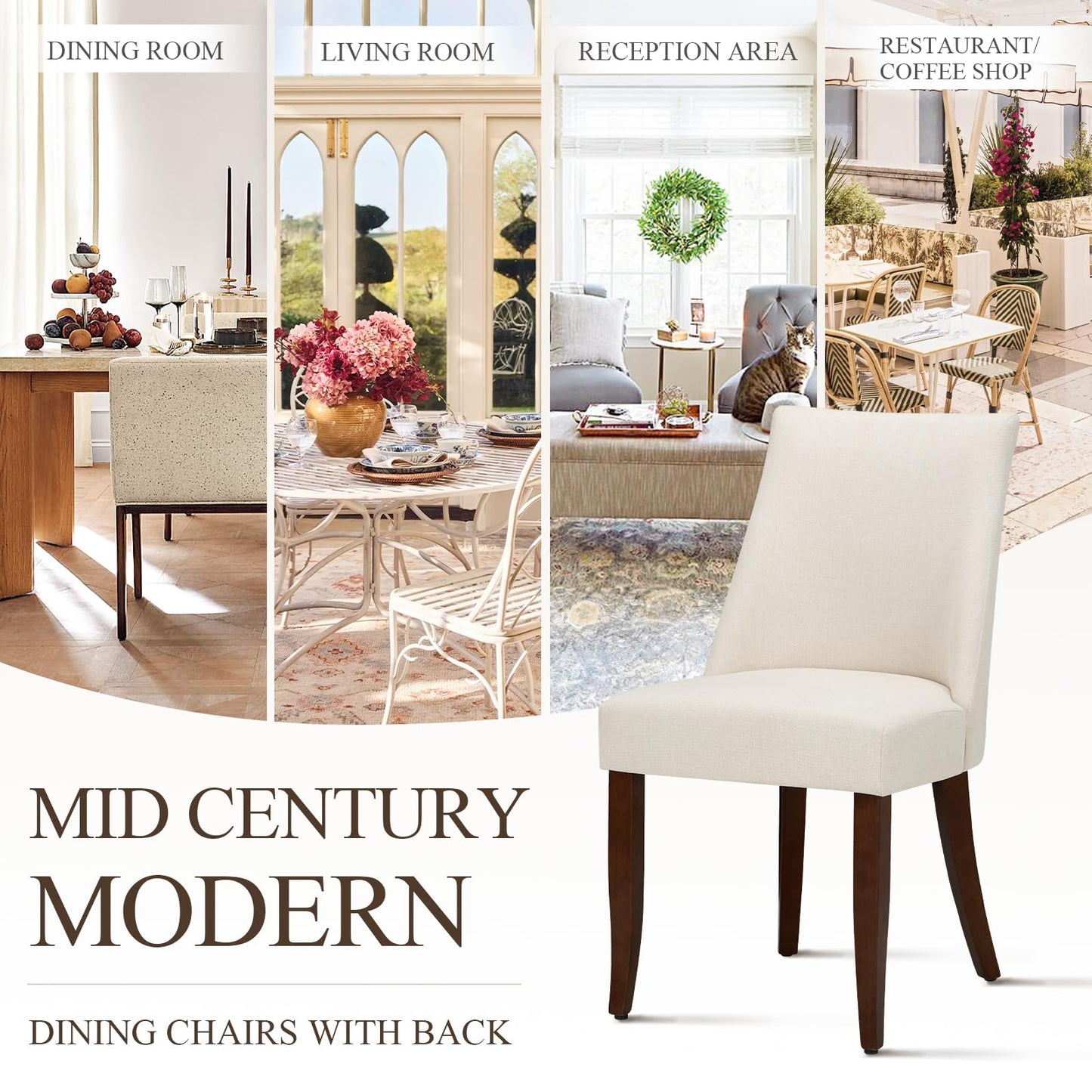 MALOL Modern Dining Chairs Set of 4, Mid Century Dining Room Chairs with Back, Farmhouse Upholstered Kitchen Chairs with Wood Legs for Dining Room/Restaurant, Beige