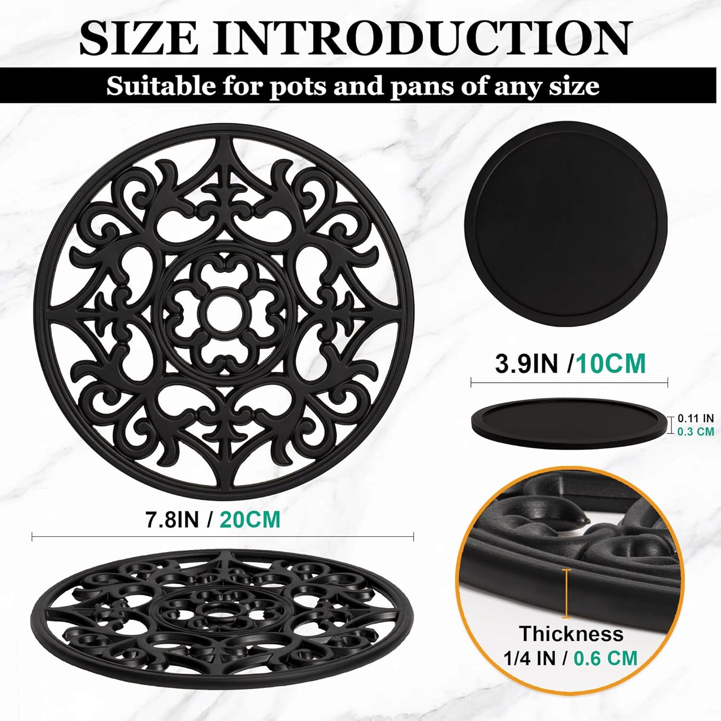 Studio Cornelia's 6 Decorative Heat Resistant Silicone Trivet Mats for Hot Pots and Dishes + 4 Coasters