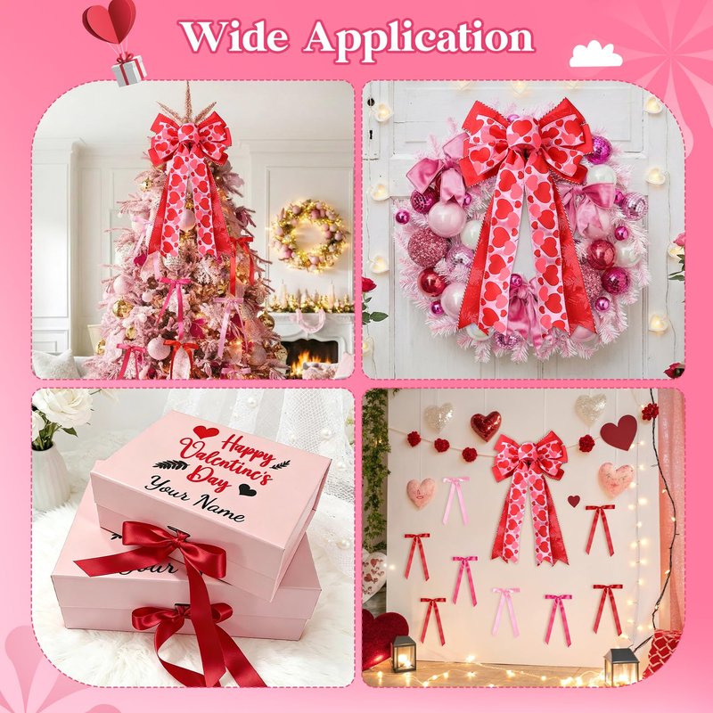 CEELGON Valentines Day Decorations Large Pink and Red Valentine Tree Topper Bow & 12 Pcs Long Satin Ribbon Bows Ornaments Wreath for Holiday Home Wall Decor