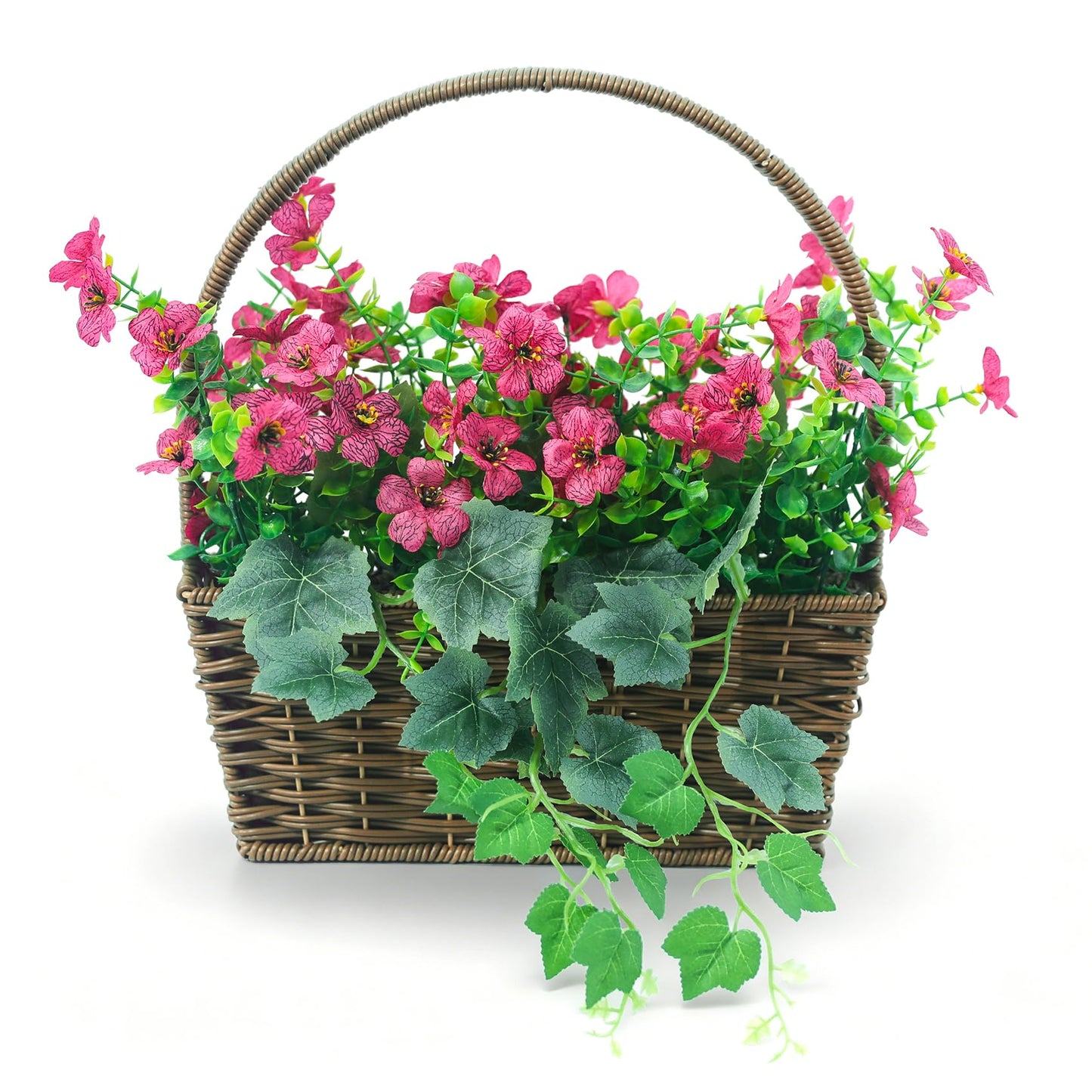CZWBE 14" H Artificial Plumeria Grape Leaf Flower Basket,50 Silk Floral Arrangements Artificial for Living Room,Office,Wedding & Porch Decor（Magenta）