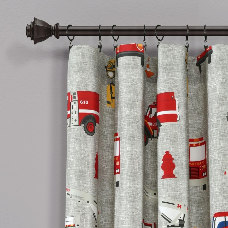 Lush Decor Fire Truck Window Curtain Panel, Pair, 52" W x 84" L, Red & Gray - Curtains for Kids Room