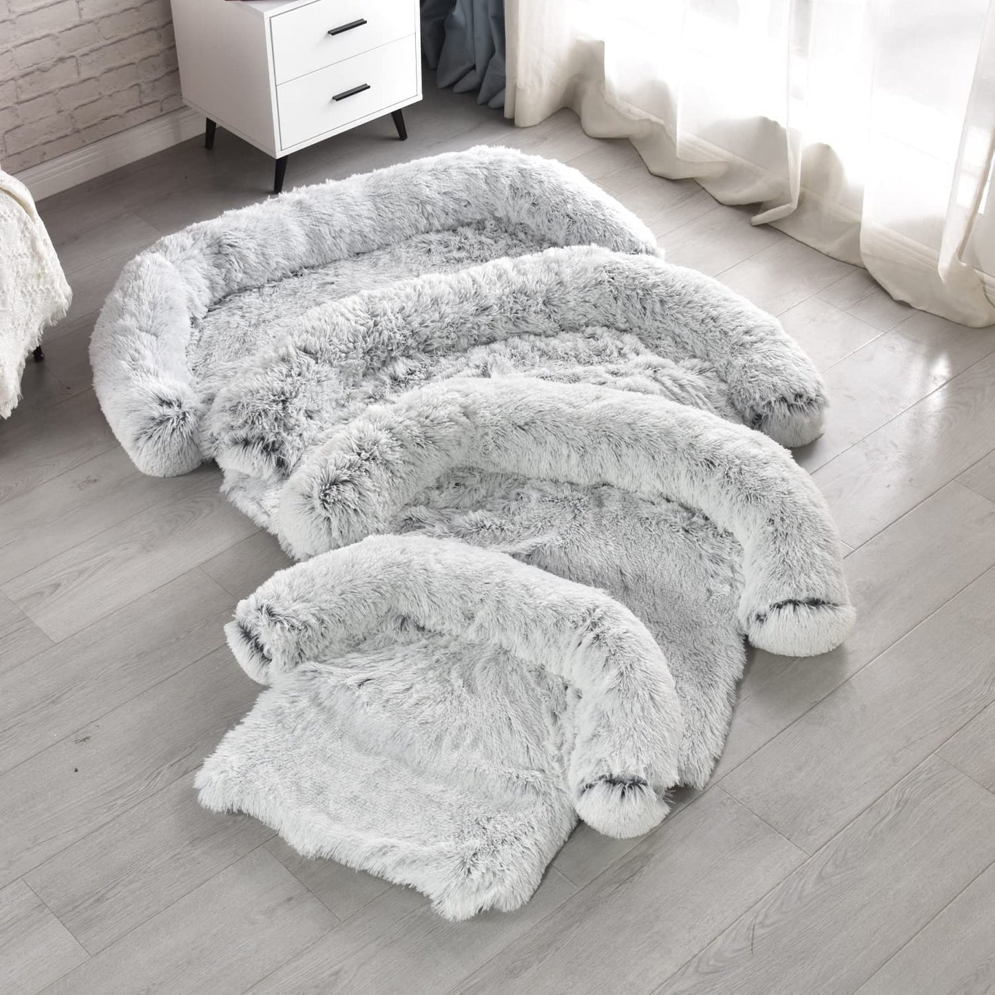 Dekeyoo Waterproof Calming Dog Bed, Pet Couch Protector Plush Dog Mat Dog Sofa, Pet Furniture Cover with Soft Neck Bolster, Machine Washable Silver Gray Large