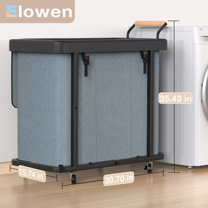 60 Gal (230L) Laundry Hamper 3 Section with Lid, Leather Patchwork Laundry Sorter with Rolling Lockable Wheels and Handle, Laundry Basket Organizer for Laundry Room, Bedroom and Bathroom - Gray