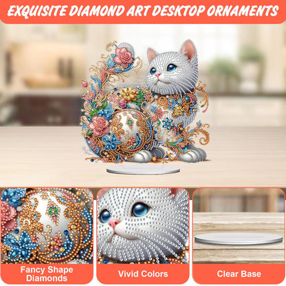 ACSAUMMY 5D Diamond Art Kits for Adults, Diamond Art Painting Desktop DIY Diamond Art Tabletop White Cat Diamond Arts and Crafts for Kids Adults Stand Up Gem Painting Kit for Decoration