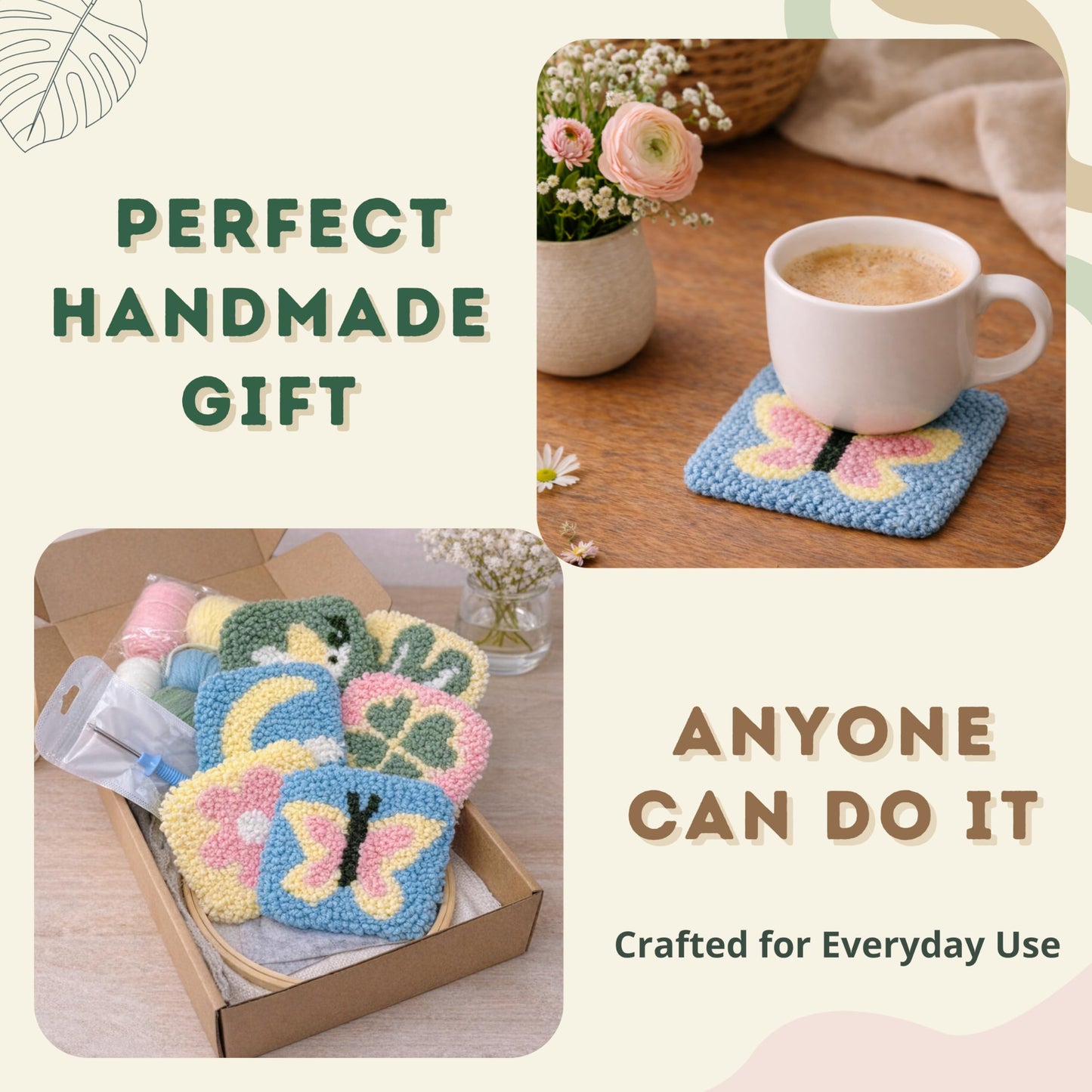 Kukovaya Punch Needle Kit for Beginners & Adults – Complete DIY Embroidery 6-Coaster Kit with Printed Fabric, Yarn, Needle, Hoop & Guide – Easy Craft Kit for Home Décor, Gifts & Stress Relief