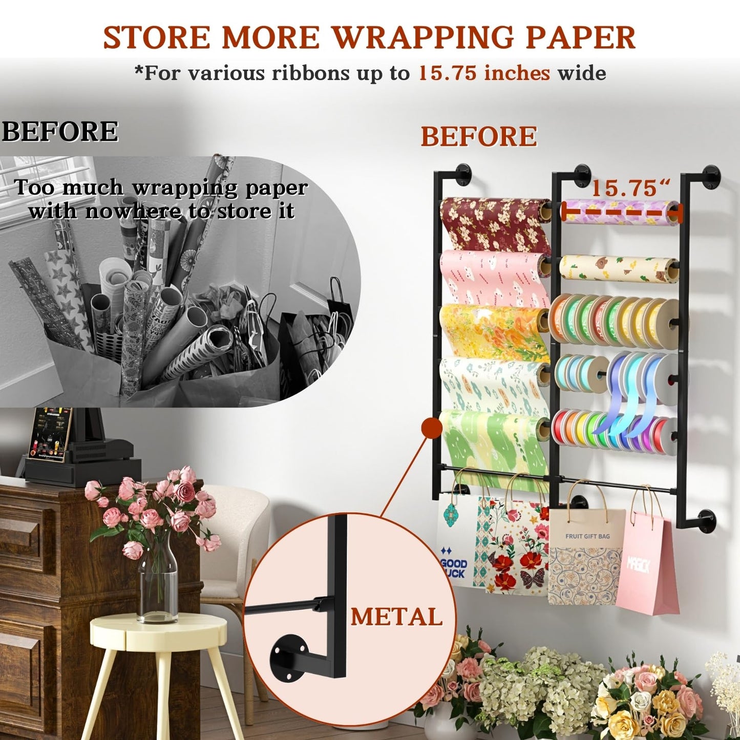 Double 6-Tier Ribbon Storage Organizer, Large Capacity Wall Mount Ribbon Organizer with 12 Removable Rods, Gift Bag Yarn Storage Holder for Craft Room, Flower Shop, DIY Supplies,Wrapping Paper - Metal