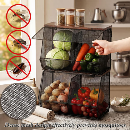 Teenyyou 2 Pcs Stackable Mesh Fruit Basket with Lid Wall Produce Vegetable Storage Basket Onion Potato Hanging Metal Wire Container for Kitchen Counter Pantry (Divided,Black,8.3"w & 13.8"L)
