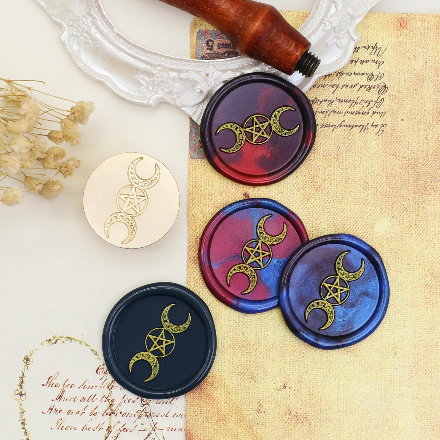 SWANGSA Triple Moon Goddess Wax Seal Stamp Kit with 200pcs Sealing Wax Beads, Great for Wedding Invitations, Christmas, Halloween, Wine Packages, Gift Wraps
