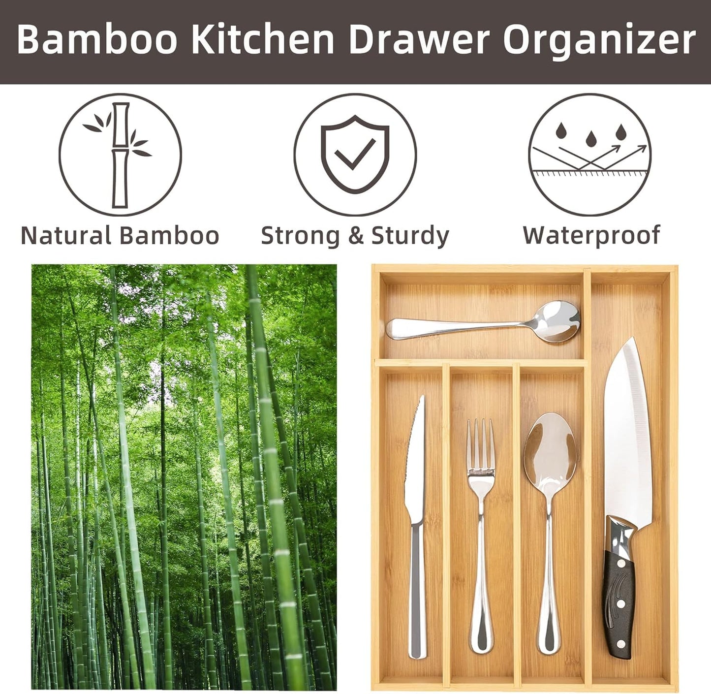 Silverware Organizer Bamboo Kitchen Drawer, Utensil Holder Cutlery Organizer Tray