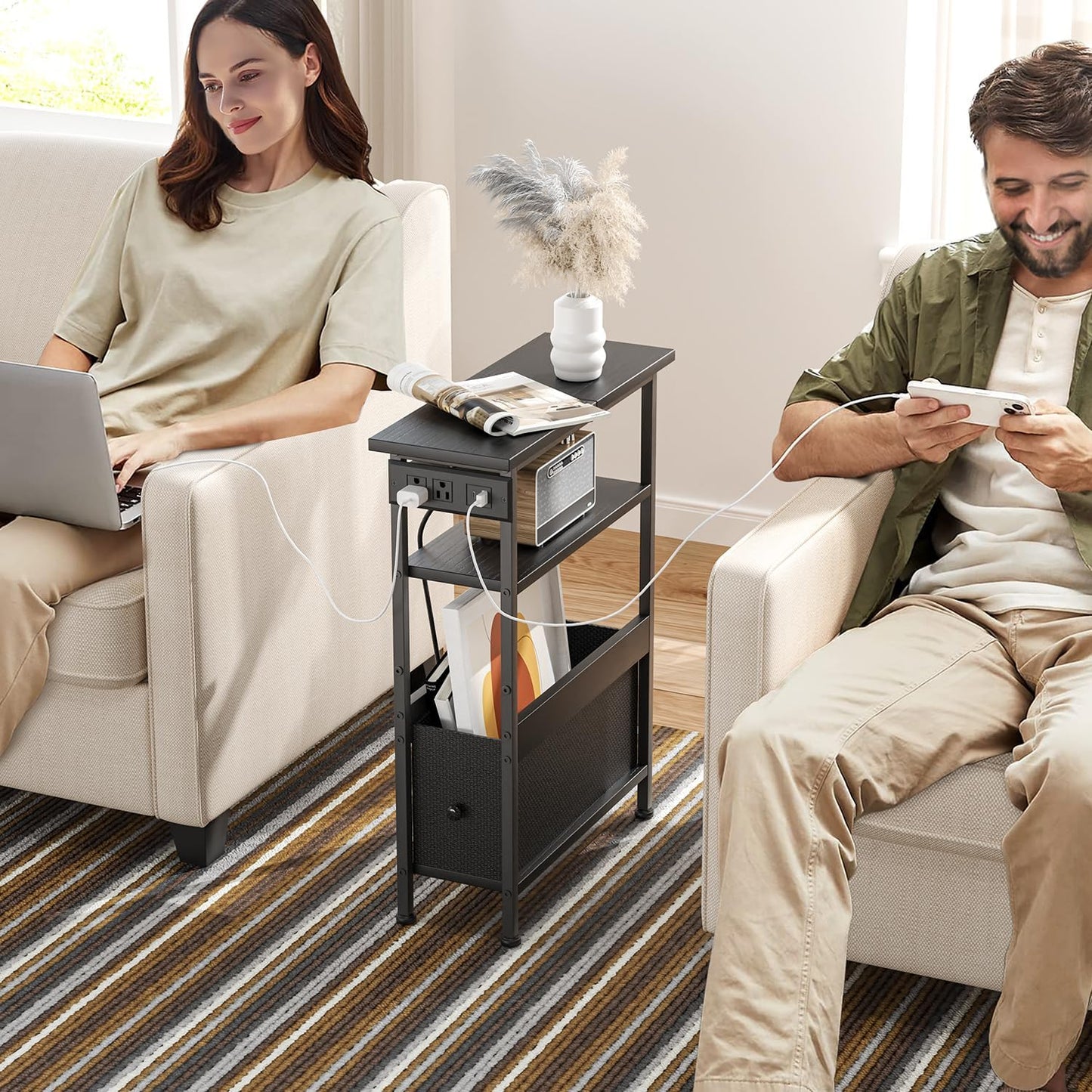 1 Creso hom Narrow Side Table with Charging Station and LED Light, Small End Table with Fabric Drawer, Skinny