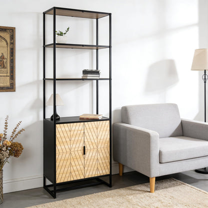GOLGAILY 67" H x 24" W x 12" D 6-Tier Bookshelf with Storage, Black Natural Wood