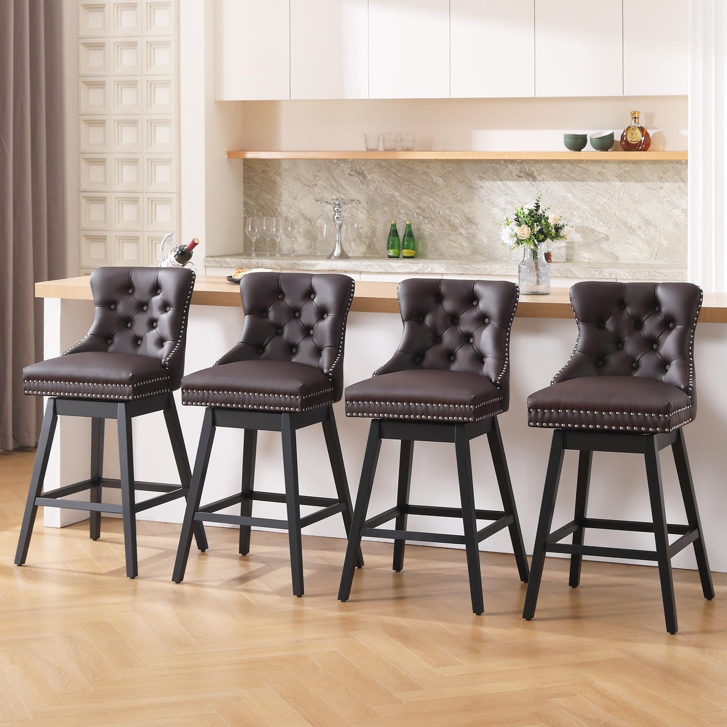 Fahomiss Brown Leather Swivel Bar Stools Set of 4 with Back, 26 Inch Counter Height Chairs, Solid Wood Legs, Tufted Seat, Comfortable and Stylish for Kitchen, Island, Home Bar（Brown, 4 Pack, 26" H）