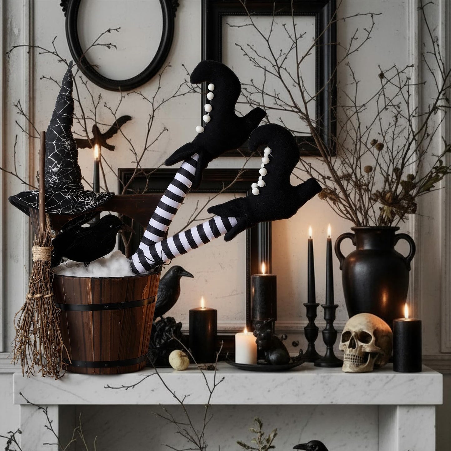Cinnvoice Halloween Decorations Indoor Witch Legs Hat Broomstick Black Ravens Wooden Table Decor, Gothic Mantel Fireplace Centerpiece for Home Kitchen Office Bar Bedroom Holiday Indoor Party Supplies