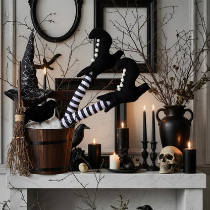 Cinnvoice Halloween Decorations Indoor Witch Legs Hat Broomstick Black Ravens Wooden Table Decor, Gothic Mantel Fireplace Centerpiece for Home Kitchen Office Bar Bedroom Holiday Indoor Party Supplies