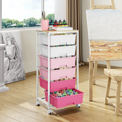 Rolling Storage Cart with 6 Drawers and Wooden Tabletop, Lockable Wheels Utility Cart for Art Studios, Office Supplies & Craft Room Organization (Pink)