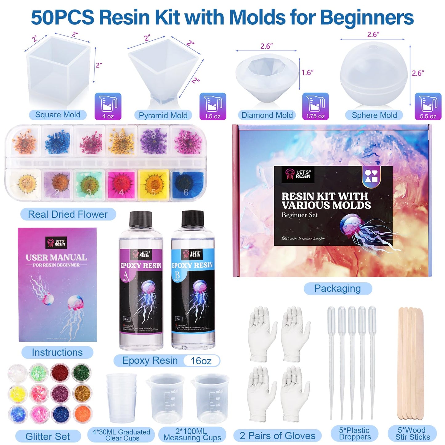 LET'S RESIN Epoxy Resin Kits and Molds Complete Set, 16oz Resin Art Kit with Silicone Molds, Pigment, Dried Flowers, Crafts for Adults, Beginners, Art Supplies for DIY Lovers, DIY Gift for Women