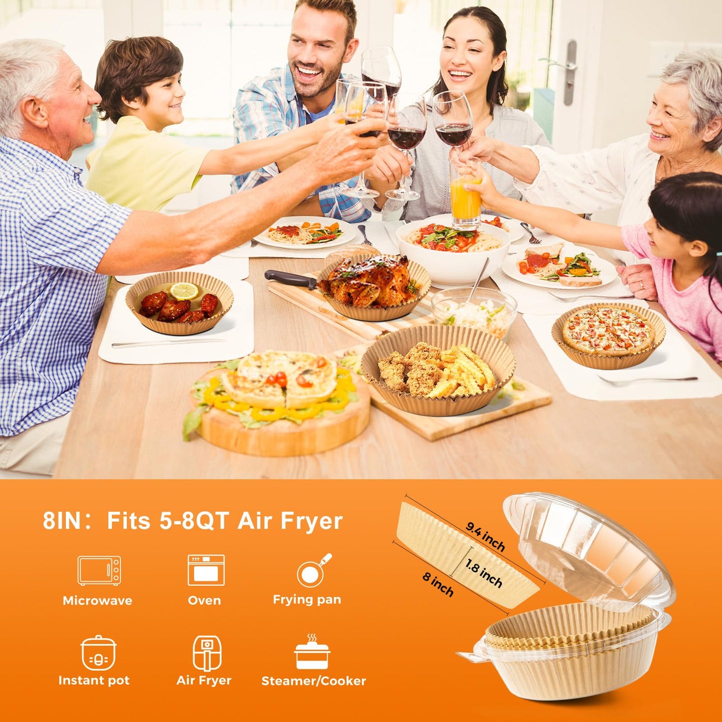 Air Fryer Paper Liners, 200pcs Air Fryer Liners Disposable, 8" Square Baking Liner for 5-8 qt Airfryer Basket, Non-stick and Oil Proof Parchment Paper for Oven, Pans & Baking