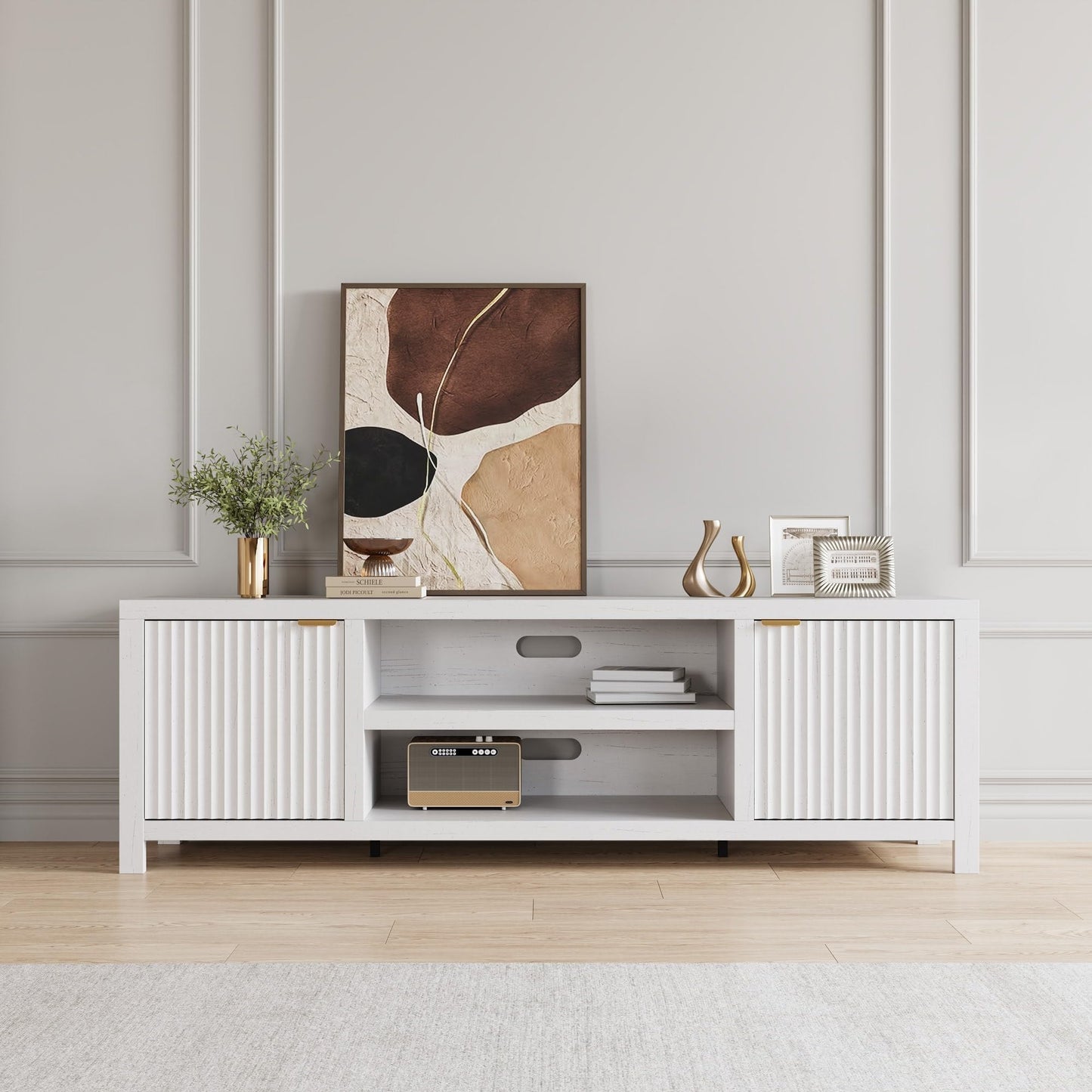 IDEALHOUSE Fluted TV Stand for 75+ Inch, Modern Entertainment Center with 2-Tier Storage & Adjustable Shelves, Media Console Cabinet with 2 Fluted Doors and Gold Handle for Living Room, Bedroom, White
