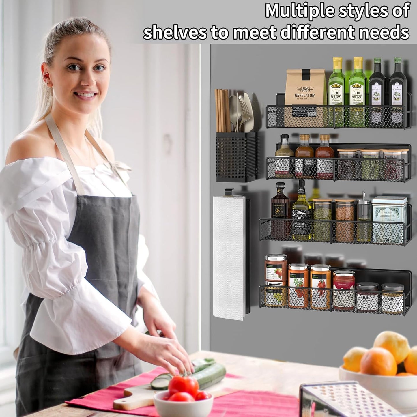 6 Pack 100% Magnetic Spice Rack for Refrigerator, Metal Strong Magnet Shelf Black, Space Saving Spice Organizer, Home