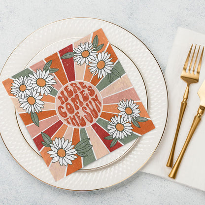 AnyDesign 80Pcs Vintage Daisy Paper Napkins Disposable Here Comes The Sun Luncheon Napkins White Daisy Dessert Dinner Hand Napkin for Birthday Wedding Baby Shower Tea Party Supplies, 6.5 x 6.5 Inch