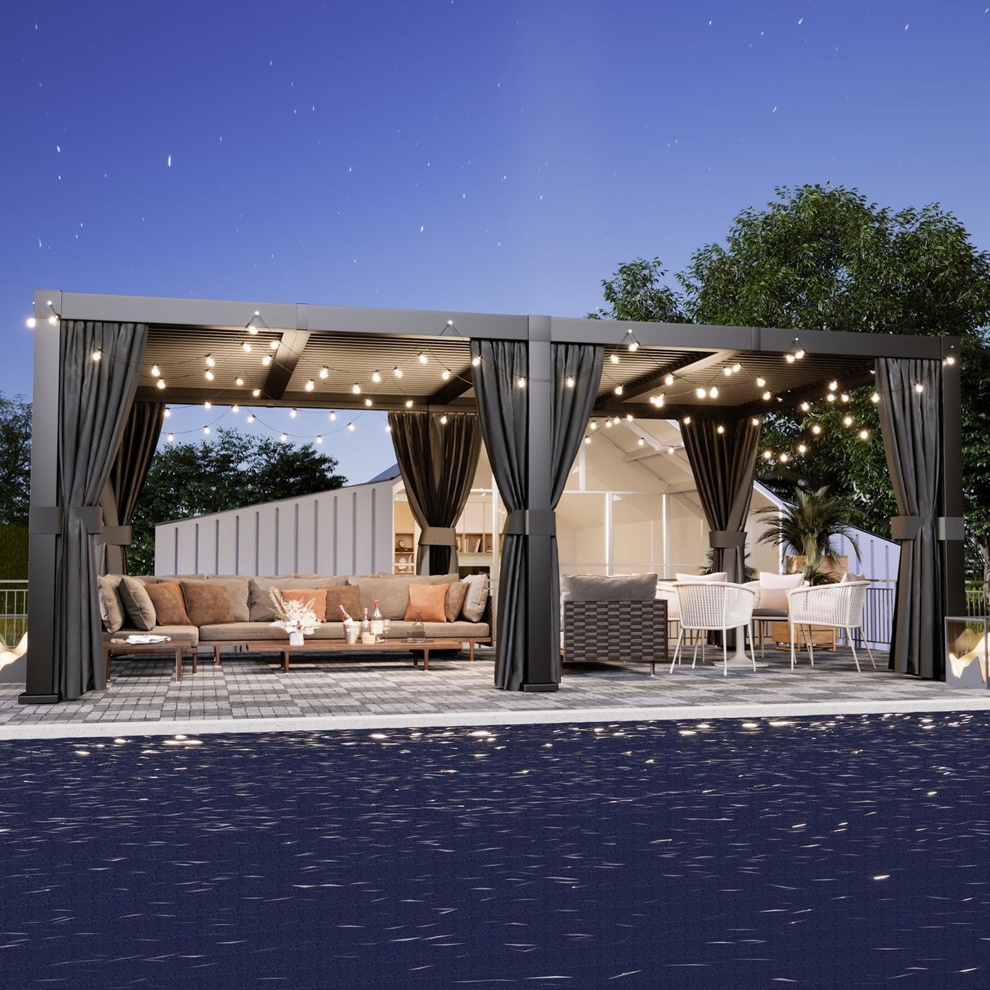 Aoxun Louvered Pergola 12x20 All-Aluminum Outdoor Gazebo with Independent Adjustable Roofs, Waterproof Curtains and Netting, Integrated Drainage System for Patios & Backyard