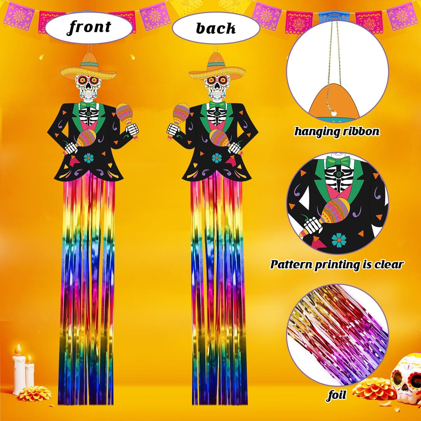Kigley 8 Pcs Day of the Dead Sugar Skull Hanging Decorations Large Skeleton Dia De Los Muertos Party Decorations Sugar Skull Decor with Tassels Ropes for Halloween Party Outdoor Home 39.4 x 8.7 in