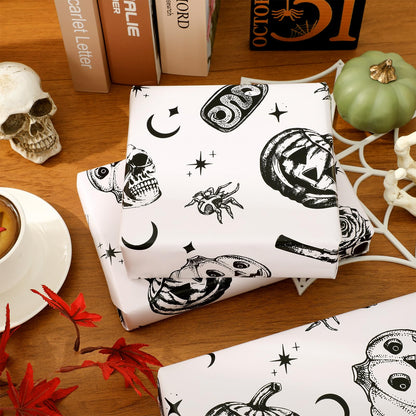 Whaline Halloween Wrapping Paper -Mini Roll- 17 In x 32.8 Ft Beige Black Skull Pumpkin Viper Gift Wrap Paper for Halloween Wrapping Supplies