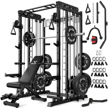 JELENS Smith Machine for Home Gym, Multi-Function M12 Power Cage with Cable Crossover System, Squat Rack with Smith Bar and More Attachment (Black, 370LB Black Weights Package)