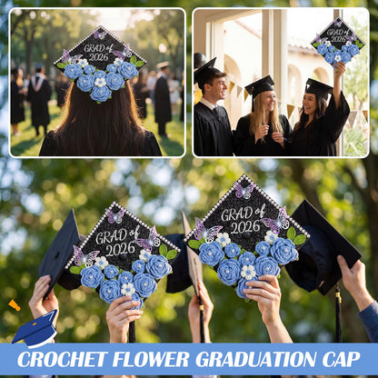 Gersoniel 30 Pcs Crochet Flower Graduation Cap Decoration Kit, Artificial Crochet Rose with Glitter Construction Paper Faux Daisy Pearl Letter Sticker for Grad Hat Topper Cover Craft Gift(Blue)