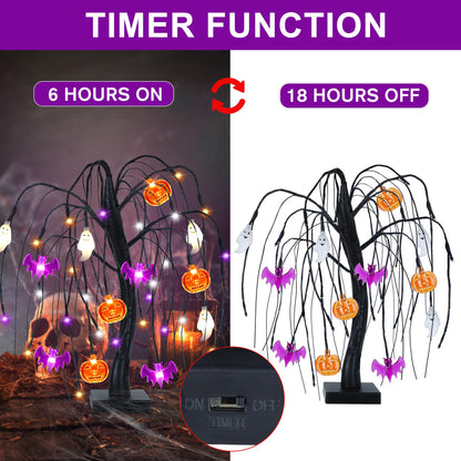 Halloween Table Decorations 18 Inch 36 LED Halloween Willow Tree with Pumpkin Bat Ghost Lights, Timer/USB/Battery Operated Black Halloween Tree Spooky Halloween Decorations Indoor Home Party Room Gift